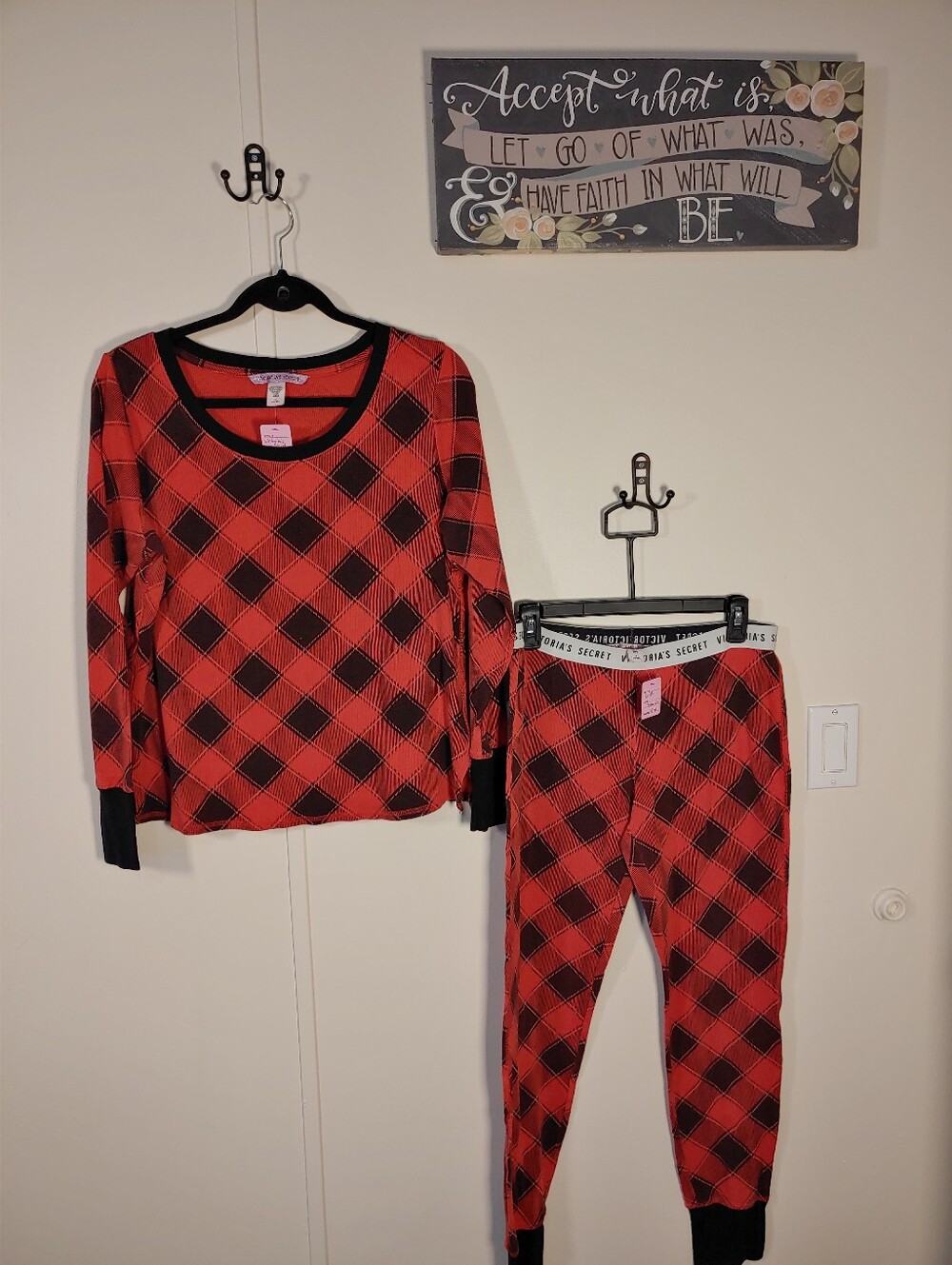 Victoria's Secret Medium Red & Black Plaid Long Sleeve Pajama Set.